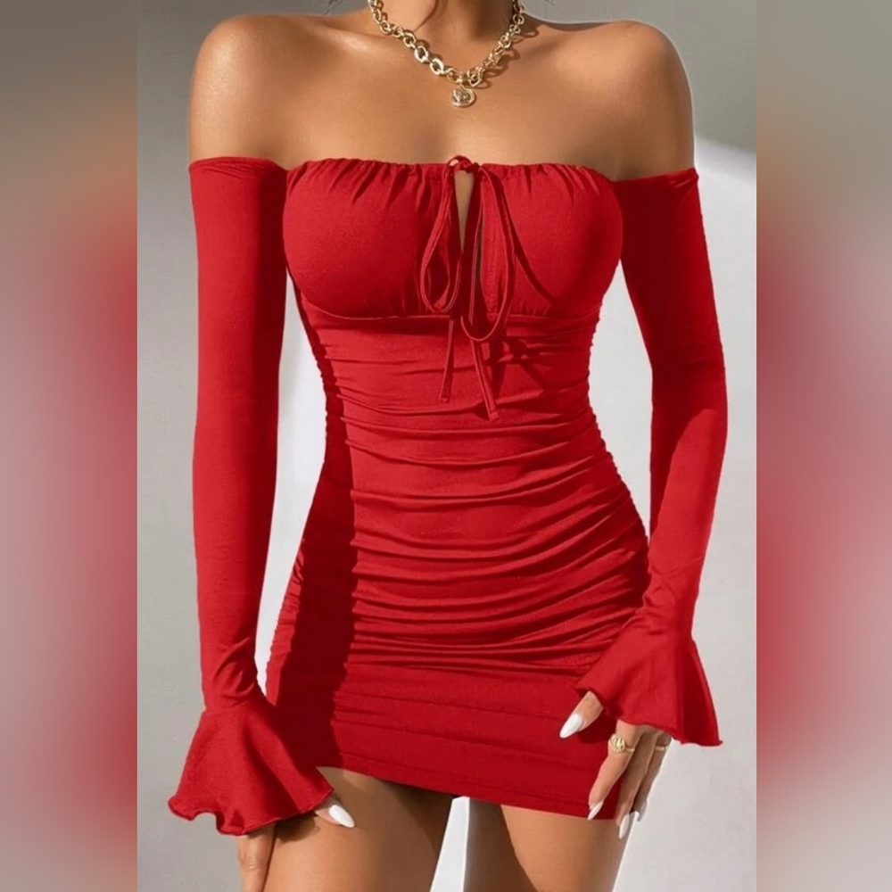 2/$19 Off-Shoulder Tie Front Ruched Bodycon Dress - Large Petite - Worn Once